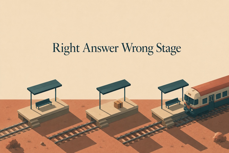 AI generated image - an isometric railway line with three platforms and a parcel on the wrong one, illustrating a right answer at the wrong stage.
