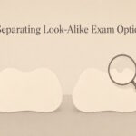 Two near-identical shapes with a magnifier over the single differing detail, illustrating how to separate look-alike exam options.