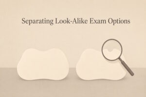 Two near-identical shapes with a magnifier over the single differing detail, illustrating how to separate look-alike exam options.