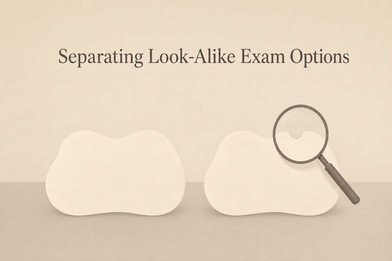 Two near-identical shapes with a magnifier over the single differing detail, illustrating how to separate look-alike exam options.