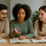 Three diverse adult learners studying together at a table, with one explaining a concept to the others.
