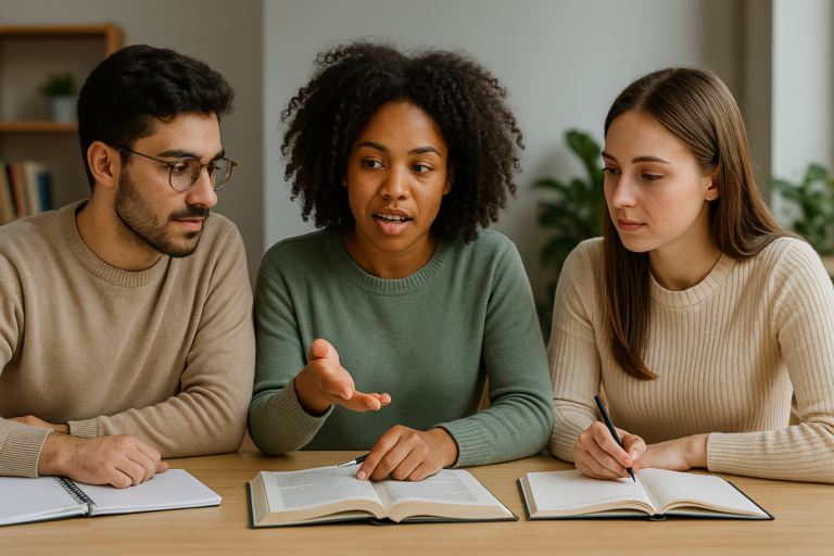 Three diverse adult learners studying together at a table, with one explaining a concept to the others.