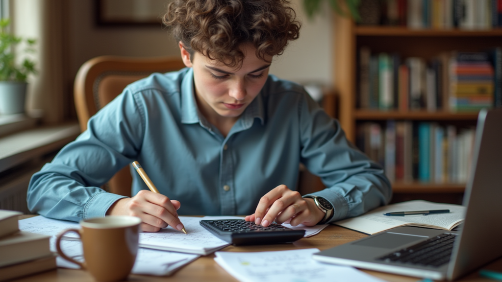 A person sitting at a desk, using a calculator while taking notes, surrounded by study materials such as textbooks, a laptop, and a coffee mug, in a cosy home office with bookshelves in the background.