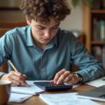 A person sitting at a desk, using a calculator while taking notes, surrounded by study materials such as textbooks, a laptop, and a coffee mug, in a cosy home office with bookshelves in the background.