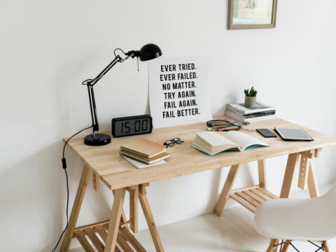 a desk with a motivational poster
